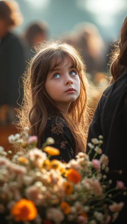 Mourning Family and Grieving Child Paying Respects at Funeral Service in Cemeteryの素材