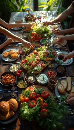 Gathered Around: Family and Friends Enjoy Holiday Feast, Sharing Delicious Meal and Wine in Joyous Celebrationの素材
