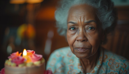 Elderly Woman Contemplates Alone, Facing Birthday Blues with Disappointment and Lonelinessの素材