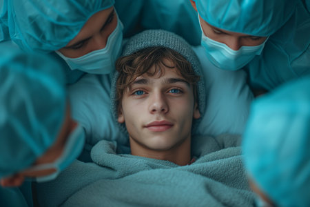 Young Man in Wheelchair Surrounded by Surgeons and Nurses, Radiating Optimism and Hopeの素材