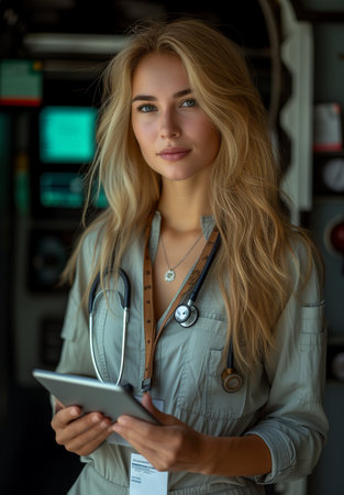 Female Doctor Demonstrating Tablet Computer in Medical Settingの素材