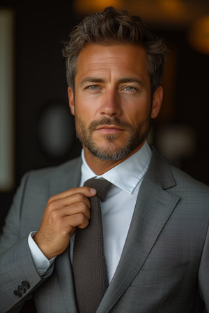 Young Businessman in Suit Shirt Adjusting His Tieの素材