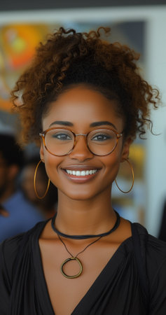 Woman in Glasses Smiles with Colleagues in Corporate Settingの素材