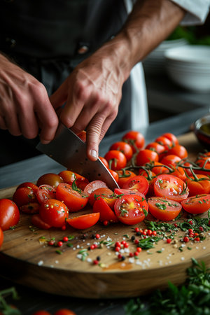 Chef Expertly Slicing Tomatoes on Wooden Board, Surrounded by Fresh Vegetables on Countertopの素材
