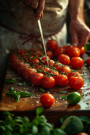 Chef Expertly Slicing Tomatoes on Wooden Board, Surrounded by Fresh Vegetables on Countertopの素材