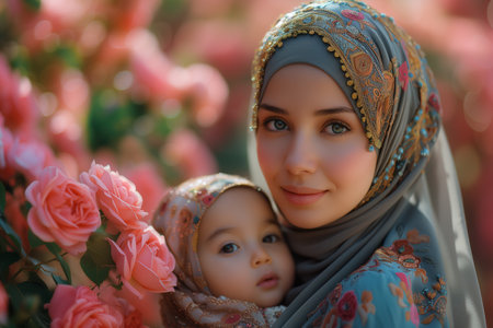Traditional Hambok Woman in Hijab Amidst Stunning Color Palette, Son in Blossoming Rose Gardenの素材