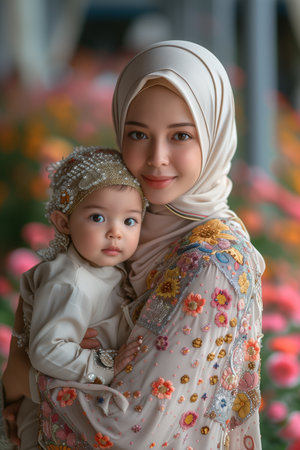 Traditional Hambok Woman in Hijab Amidst Stunning Color Palette, Son in Blossoming Rose Gardenの素材