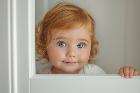 Adorable Baby Girl Smiling and Peeking from Behind White Blank Wall Backgroundの素材