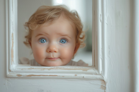 Adorable Baby Girl Smiling and Peeking from Behind White Blank Wall Backgroundの素材