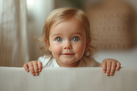Adorable Baby Girl Smiling and Peeking from Behind White Blank Wall Backgroundの素材