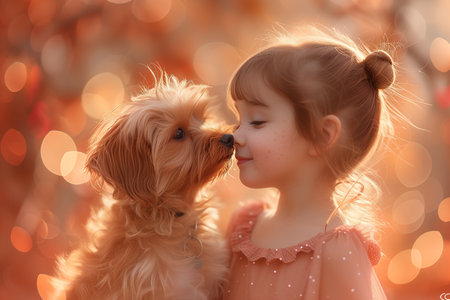 Freckled Girl Shares a Moment of Cuteness with Her Dogの素材