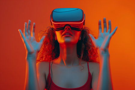 Young Casual Woman Excitedly Engages with VR Glasses, Exploring Invisible Worlds on Solid Backgroundの素材
