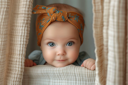 Adorable Baby Girl Smiling and Peeking from Behind White Blank Wall Backgroundの素材