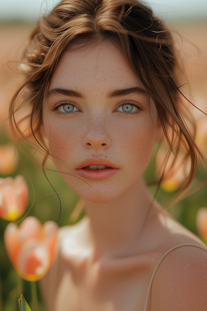 Girl with Bright Blue Eyes Amidst a Field of Tulipsの素材