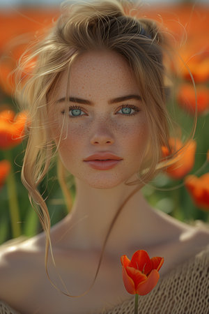 Girl with Bright Blue Eyes Amidst a Field of Tulipsの素材