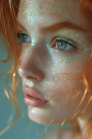 Young Woman with Red Hair Adorned in Neon Mint Green Pearls and Sparklesの素材