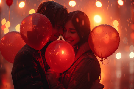 Couple Wrapped in Love with Red Balloonsの素材