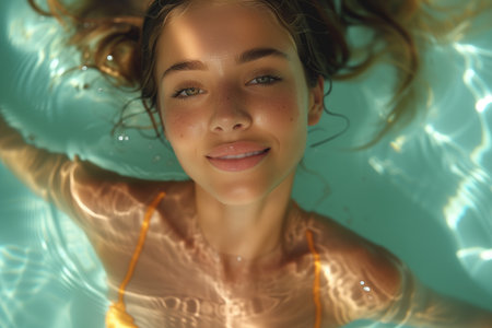 Young Woman Smiles as She Floats Gracefully in the Waterの素材