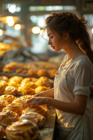 Woman in White Apron Crafting Delights in Her Bakeryの素材