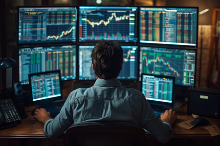 Businessman Studying Stock Market Trends Across Multiple Screens in Dimly Lit Officeの素材