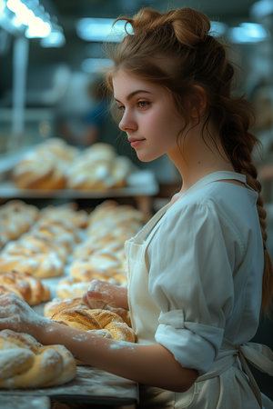 Woman in White Apron Crafting Delights in Her Bakeryの素材