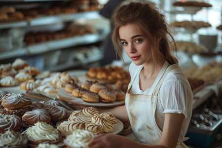 Woman in White Apron Crafting Delights in Her Bakeryの素材