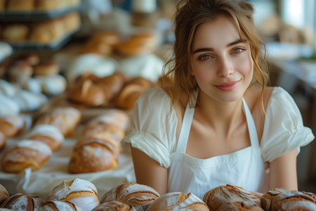 Woman in White Apron Crafting Delights in Her Bakeryの素材