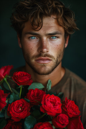 Romantic Gesture: Man Holding Bouquet of Rosesの素材