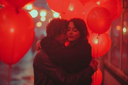 Couple Wrapped in Love with Red Balloonsの素材