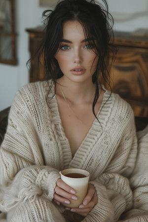 Beautiful Woman with Wispy Black Hair Enjoys Hot Tea in Beige Knit Sweater, Relaxing on Long Lounge in Castle Lounge Roomの素材