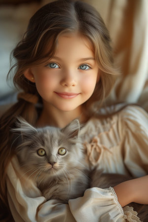 Girl with Blue Eyes and British Shorthair Gray Cat Pose in Beautiful Harmonyの素材