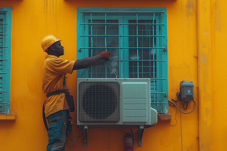 Technician Fixes Wall-Mounted Air Conditioner with Expertiseの素材