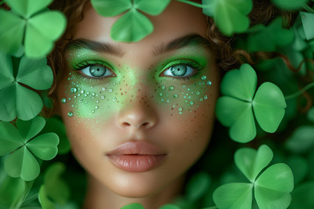 Vibrant Girl Amidst Sea of Clovers on St. Patrick's Dayの素材