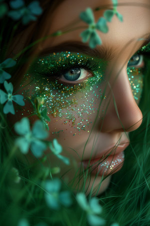 Vibrant Girl Amidst Sea of Clovers on St. Patrick's Dayの素材