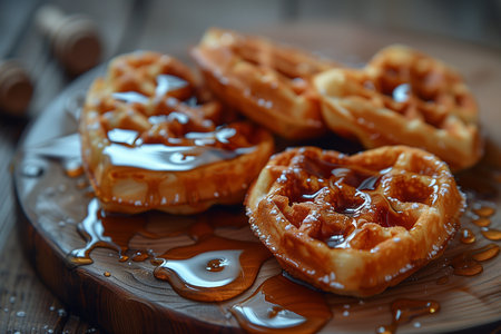 Delicious Heart-Shaped Waffles Drenched in Syrup on Wooden Backgroundの素材