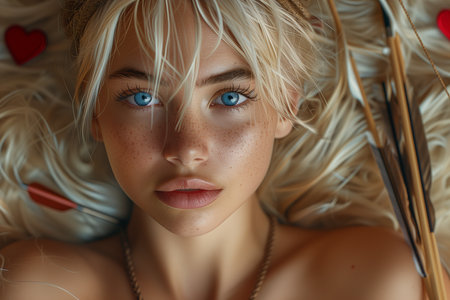 Female with Blue Eyes Spreads Love in Cupid Costume with Arrows and Heartsの素材