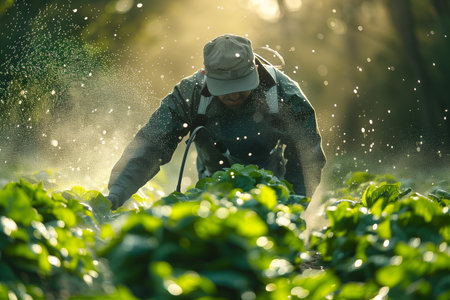 Farmer Spraying Herbicides on Vegetable Plants in the Gardenの素材