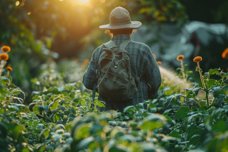 Farmer Spraying Herbicides on Vegetable Plants in the Gardenの素材