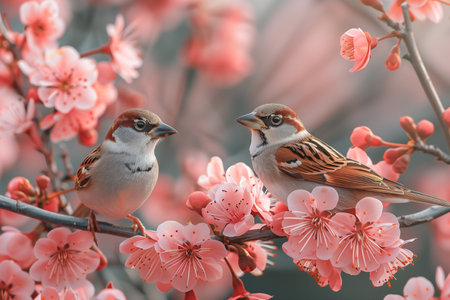 Sparrows Find Refuge Amid Blossoming Flowers on Tranquil Spring Tree Branchの素材