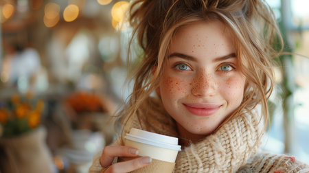 Woman Enjoying a Cup of Happiness in a Modern, Light Filled Cafe with a Happy Smileの素材