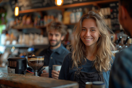Smiling Woman with Blonde Curly Hair Pays for Coffee with Partner at Cash Registerの素材