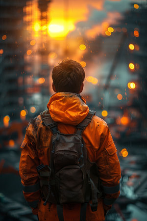 Cinematic Photorealistic Rendering of Civil Engineer Overseeing Construction Siteの素材