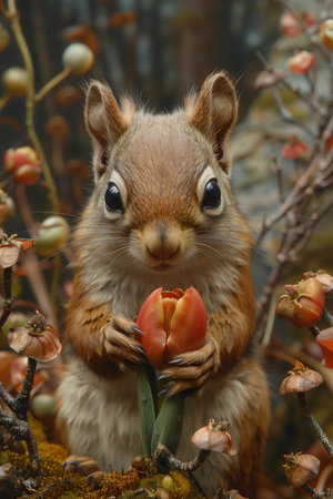 Squirrel Holding Tulip Amongst Mossy Forest Floorの素材