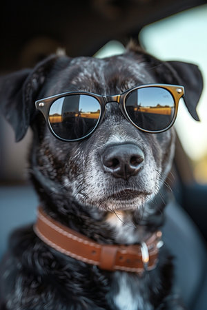 Dog Sporting Sunglasses Rides Shotgun in Carの素材