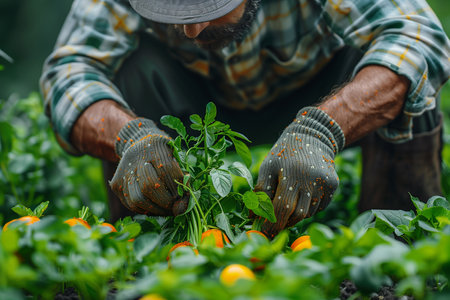 Close-Up of Male Farmer in Gloves Picking Carrots in Garden Plotの素材