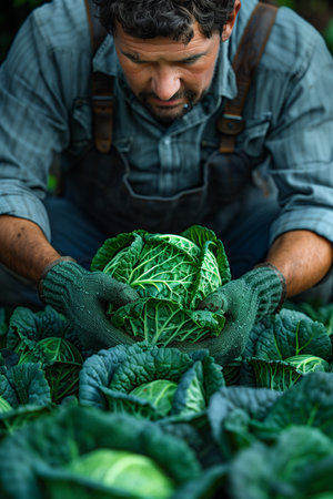 Male Farmer in Gloves Picks Cabbage in Garden Plot, Close-Up Viewの素材