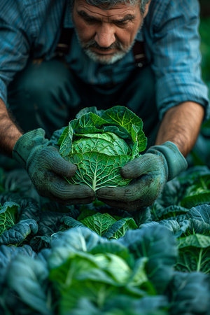 Male Farmer in Gloves Picks Cabbage in Garden Plot, Close-Up Viewの素材