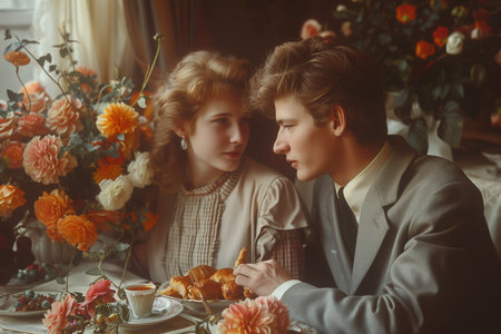 Retro Romance: 1980s Couple Dining Together, Sharing a Meal Amidst Floral Eleganceの素材