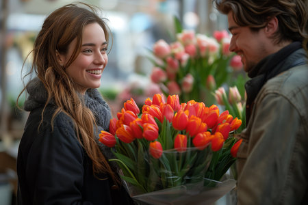 International Women's Day Celebration: Men Presenting Flowers to Women in Officeの素材