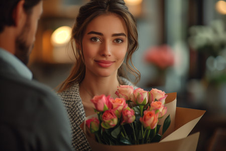 International Women's Day Celebration: Men Presenting Flowers to Women in Officeの素材